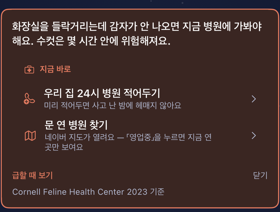 화장실을 들락거리는데 감자가 안 나오면 지금 병원에 가봐야 해요 — 급할 때 보기
