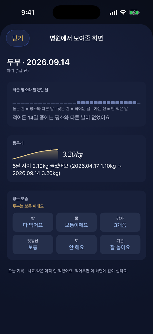 병원 갈 때 보여줄 한 장 — 최근 다른 날 열흘치, 평소 모습, 물어볼 것