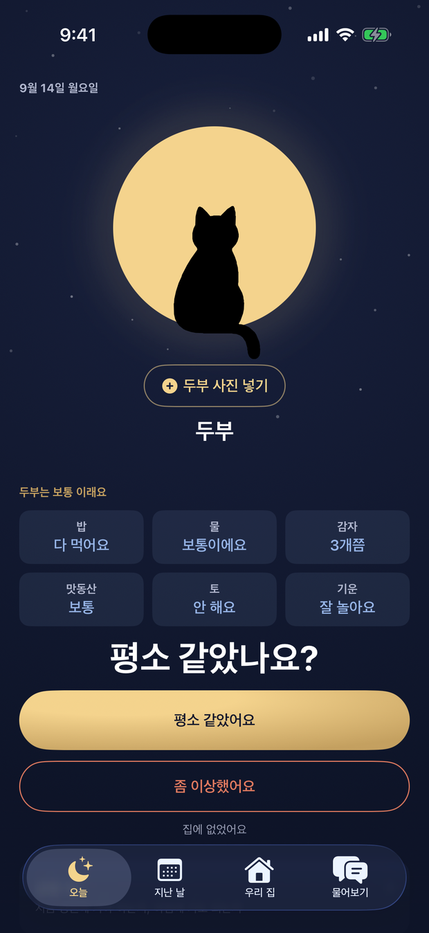 오늘 탭 — 평소 같았나요 질문과 밥·물·감자 같은 항목
