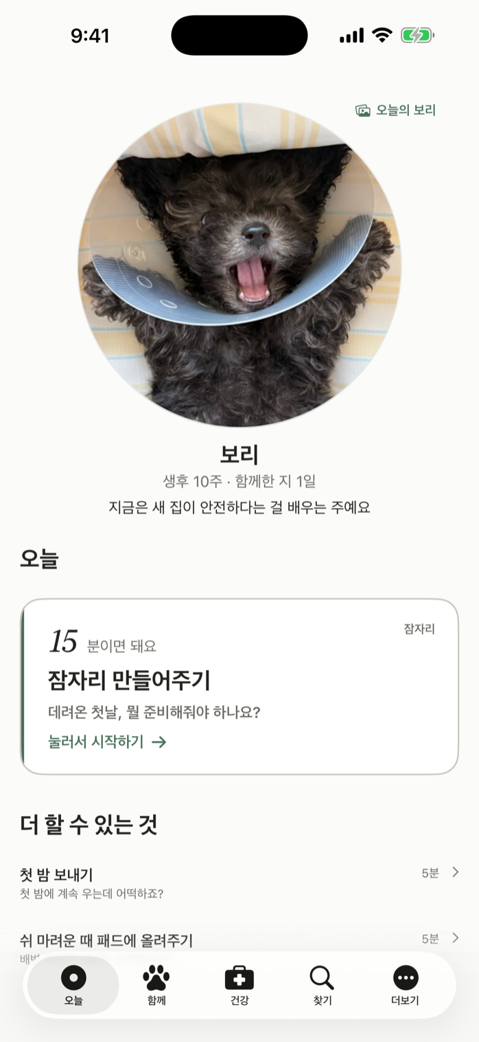 오늘 화면 — 오늘 할 일 한 장과 급할 때 여는 문