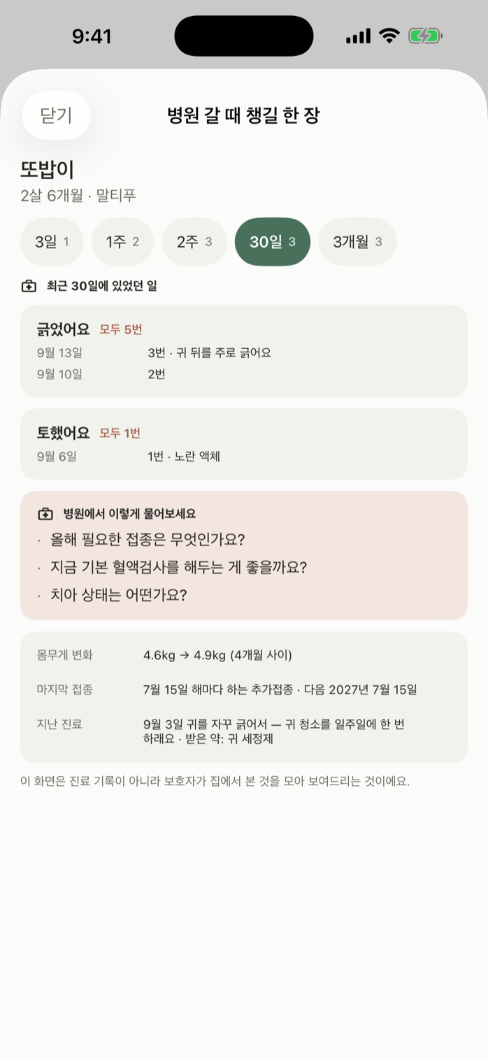 병원 갈 때 보여줄 한 장 — 집에서 본 증상을 모아 보여주는 화면