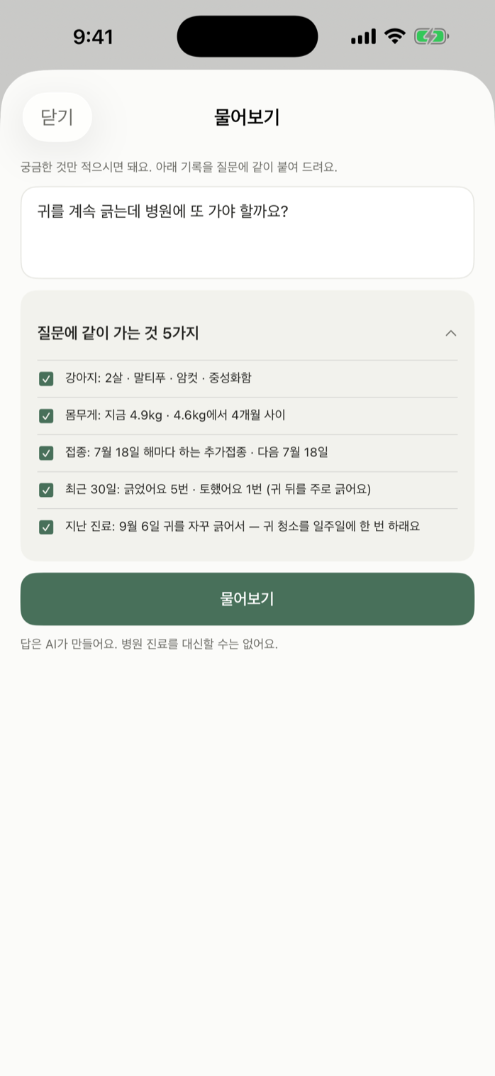 물어보기 화면 — 질문 아래에 같이 가는 기록 다섯 줄이 체크박스로 펼쳐져 있다