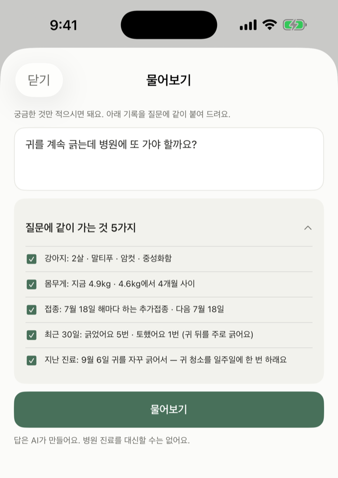 물어보기 화면 — 질문 아래에 같이 가는 기록 다섯 줄이 체크박스로 펼쳐져 있다